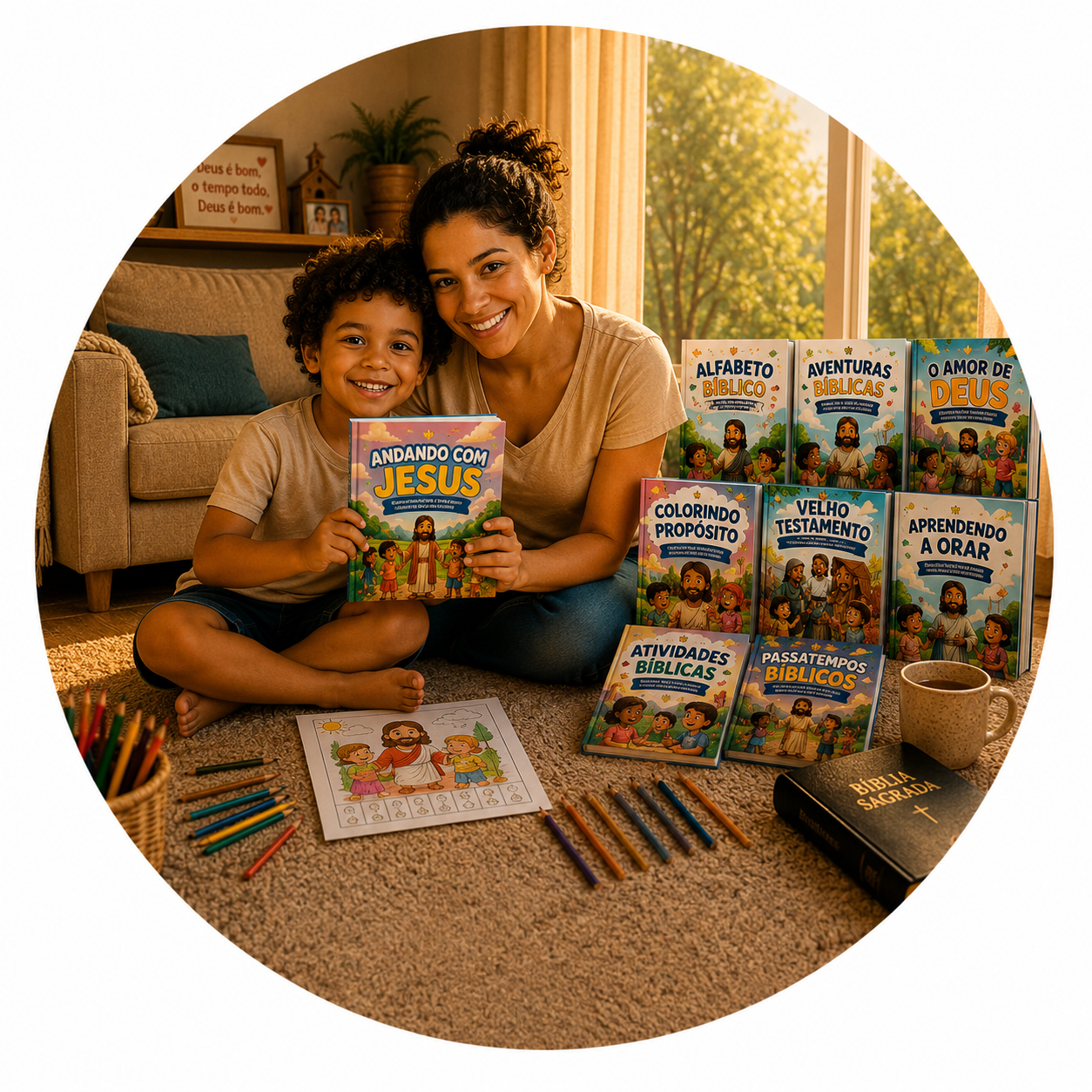 Mãe e filho felizes com o Kit Filhos da Luz